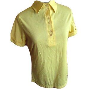 Vintage Womens Polo Shirt Medium 70s YELLOW Slinky Button Down Collared Mod top